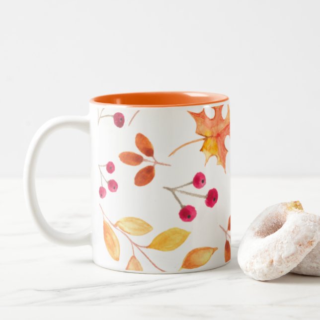 Tasse 2 Couleurs Aquarelle Automne Automne Feuilles Aquarelle (Avec donut)