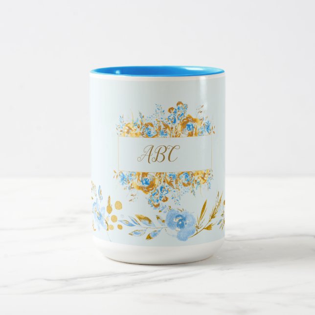 Tasse 2 Couleurs Aquarelle bleu clair personnalisée Or floral (Centre)