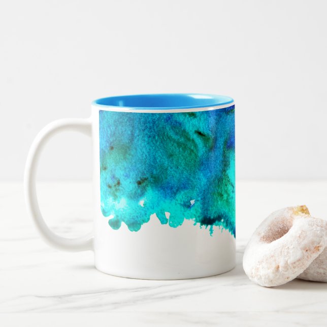 Tasse 2 Couleurs Aquarelle bleue Design océanique abstrait (Avec donut)