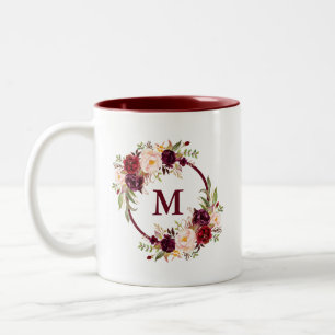 Tasse 2 Couleurs Aquarelle Bourgogne Floral Élégant Monogramme