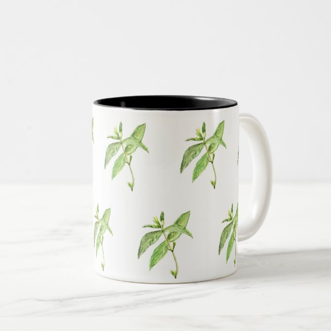 Tasse 2 Couleurs Aquarelle de jardin vert plante d'herbe de menthe (Devant droit)