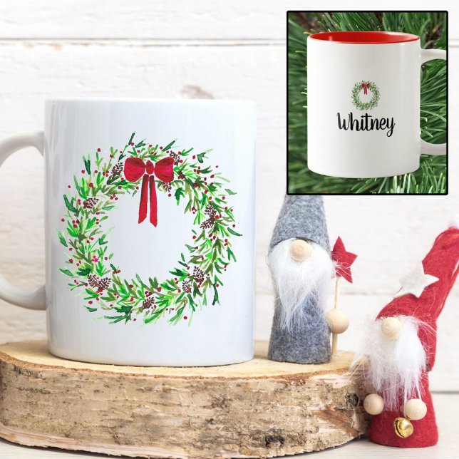 Tasse 2 Couleurs Aquarelle de la couronne de Noël Berries rouges et (Christmas Wreath Watercolor Red Berries & Pine Two-Tone Coffee Mug)