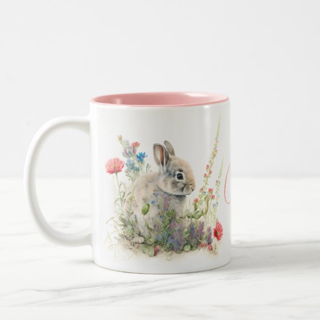 Tasse 2 Couleurs Aquarelle de lapin mignonne Floral Personnalisé (Gauche)