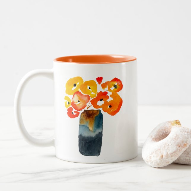 Tasse 2 Couleurs Aquarelle de pavot orange et rouge (Avec donut)