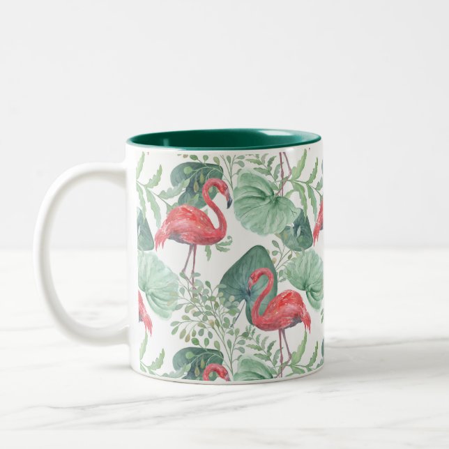 Tasse 2 Couleurs Aquarelle flamants roses et feuilles. (Gauche)