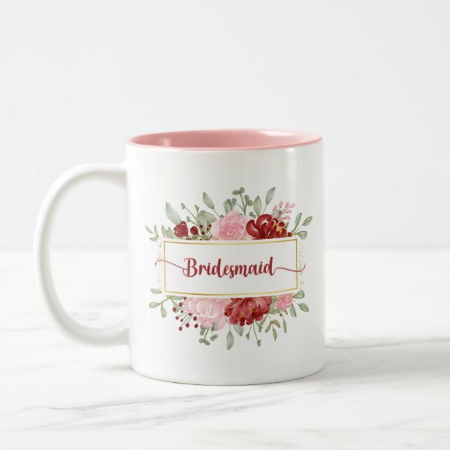 Tasse 2 Couleurs Aquarelle fleurie Bridesmaid rouge et rose fleurs (Gauche)