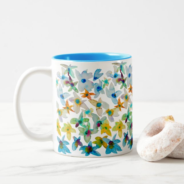 Tasse 2 Couleurs Aquarelle fleurs bleues blanches (Avec donut)