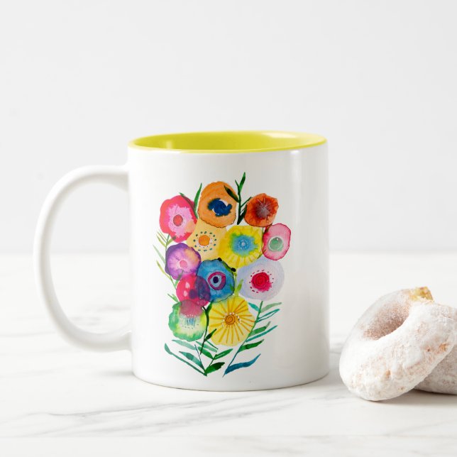 Tasse 2 Couleurs Aquarelle fleurs violettes fleuries florales (Avec donut)