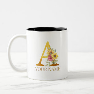 Tasse 2 Couleurs Aquarelle Floral & Or Lettre A Monogramme Deux To