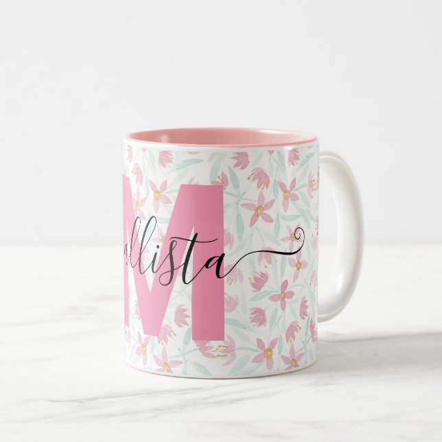Tasse 2 Couleurs Aquarelle florale Fleur sauvage rose délicate (Devant droit)