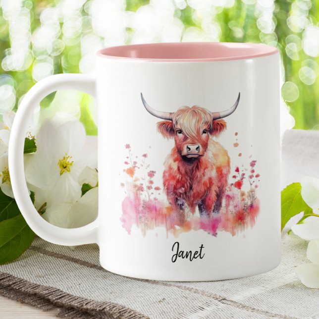 Tasse 2 Couleurs Aquarelle florale rose Vache Highland (Créateur téléchargé)