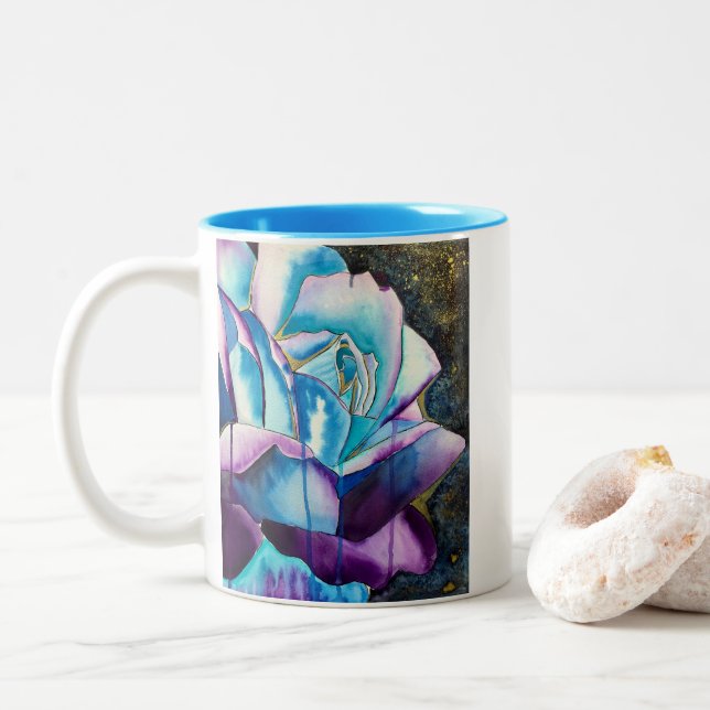Tasse 2 Couleurs Aquarelle gothique bleu violet art rose (Avec donut)
