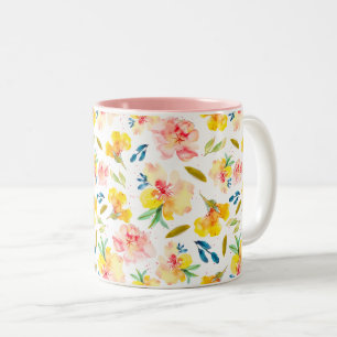 Tasse 2 Couleurs Aquarelle jaune et rose chaude Florale