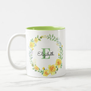 Tasse 2 Couleurs Aquarelle Jaune Fleurs d'été Monogramme de couronn