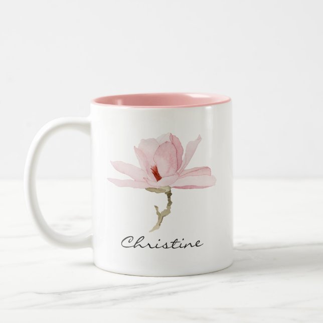 Tasse 2 Couleurs Aquarelle Magnolia Blossom avec votre nom (Gauche)