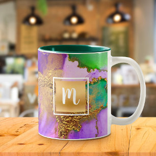 Tasse 2 Couleurs Aquarelle marbre or violet vert aqua monogramme