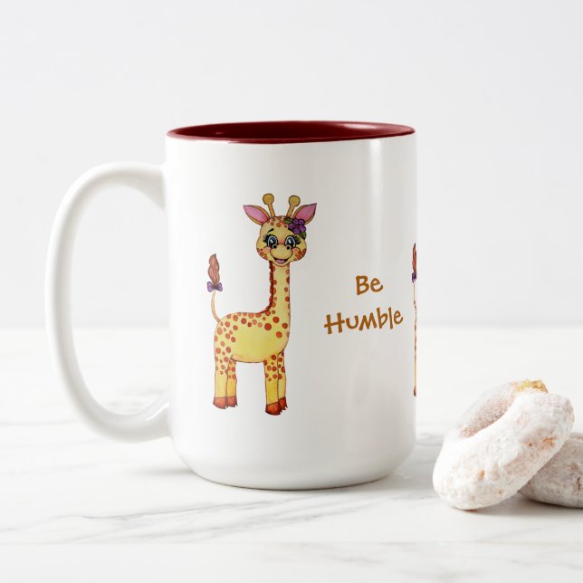 Tasse 2 Couleurs Aquarelle mignonne bébé Giraffe (Avec donut)