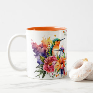 Tasse 2 Couleurs Aquarelle mignonne colibri et fleurs exotiques