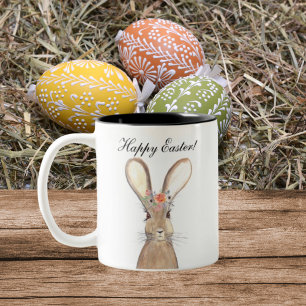 Tasse 2 Couleurs Aquarelle mignonne Lapin Lapin Lièvre Pâques Flora