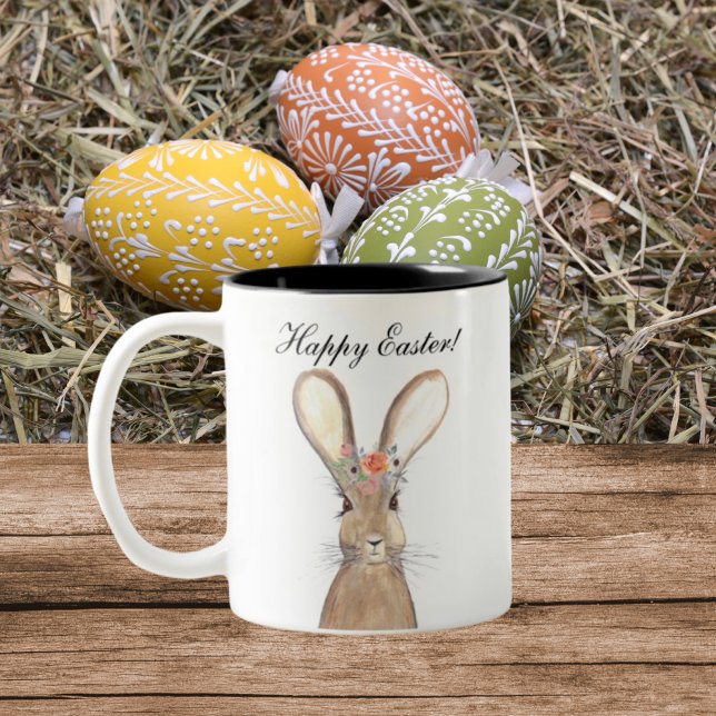 Tasse 2 Couleurs Aquarelle mignonne Lapin Lapin Lièvre Pâques Flora (Créateur téléchargé)