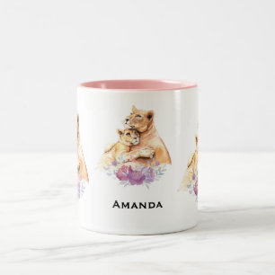 Tasse 2 Couleurs Aquarelle mignonne Mère Lion & Cub