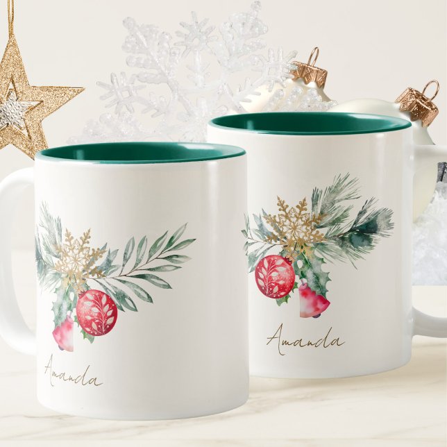 Tasse 2 Couleurs Aquarelle moderne Rouge Folithe Nom Joyeux Noël (Créateur téléchargé)