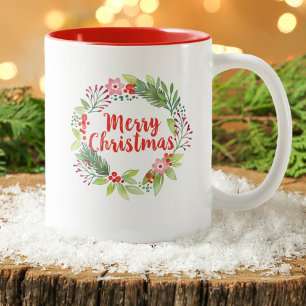 Tasse 2 Couleurs Aquarelle moderne Script Joyeuse couronne de Noël