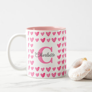 Tasse 2 Couleurs Aquarelle monogramme personnalisable Coeurs roses