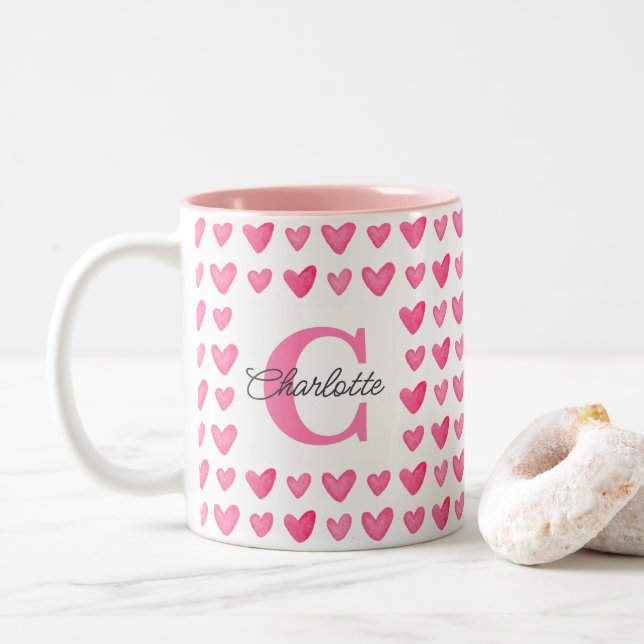 Tasse 2 Couleurs Aquarelle monogramme personnalisable Coeurs roses (Avec donut)