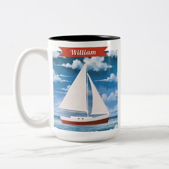 Tasse 2 Couleurs Aquarelle nautique Ocean Voilier Personnalisé (Gauche)