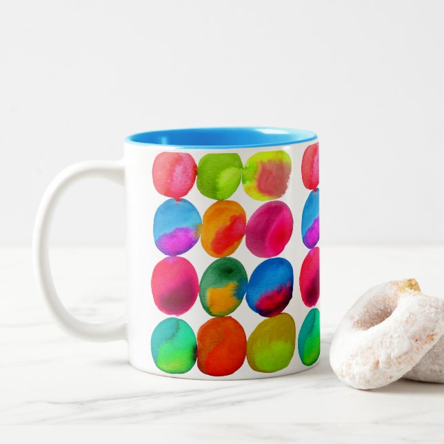 Tasse 2 Couleurs Aquarelle néon cercle motif couleur art abstrait (Avec donut)
