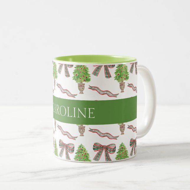 Tasse 2 Couleurs Aquarelle Noël Plaid Bow & Topiary (Devant droit)