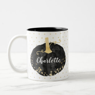 Tasse 2 Couleurs Aquarelle noir et or Monogramme Citrouille Hallowe