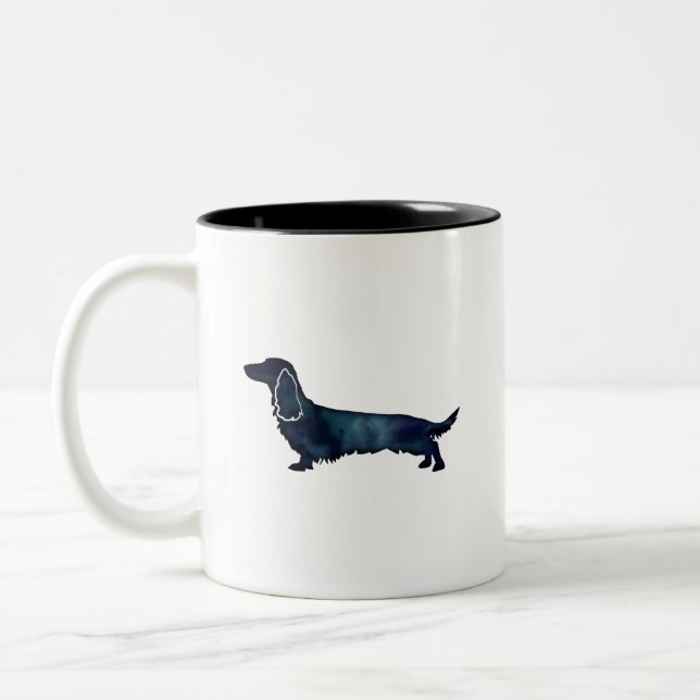 Tasse 2 Couleurs Aquarelle noire longue hailée Dachshund (Gauche)