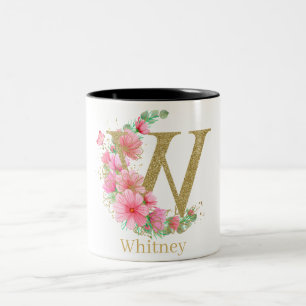 Tasse 2 Couleurs Aquarelle or et Floral Monogramme lettre W