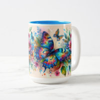 Aquarelle Papillon Floral Fleurs Bleu rose