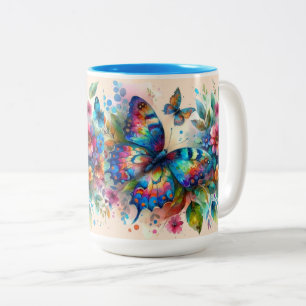 Tasse 2 Couleurs Aquarelle Papillon Floral Fleurs Bleu rose