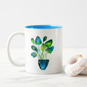 Tasse 2 Couleurs Aquarelle plante art vert et bleu abstrait