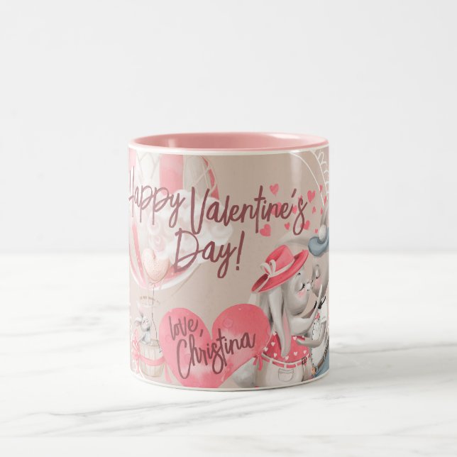 Tasse 2 Couleurs Aquarelle romantique Valentine Love Bunnies sur ro (Centre)