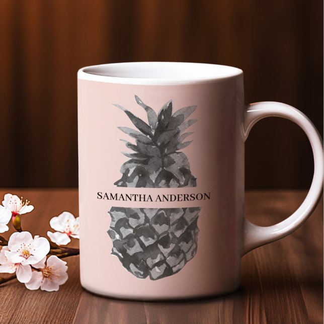 Tasse 2 Couleurs Aquarelle rose et gris ananas | Votre nom (Créateur téléchargé)
