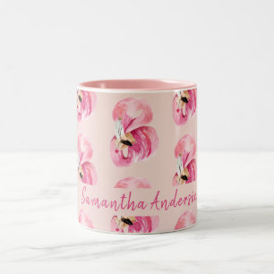 Tasse 2 Couleurs Aquarelle rose exotique Flamingo Motif et nom