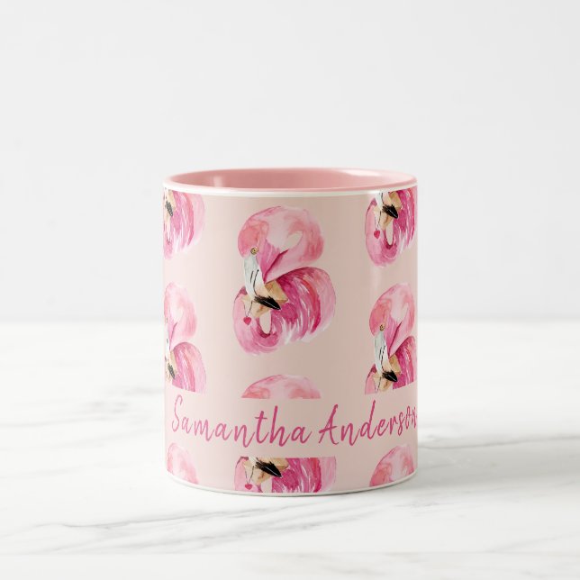 Tasse 2 Couleurs Aquarelle rose exotique Flamingo Motif et nom (Centre)