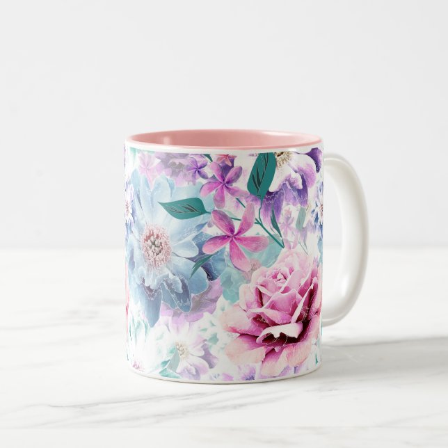 Tasse 2 Couleurs Aquarelle rose, fleurs bleues. (Devant droit)