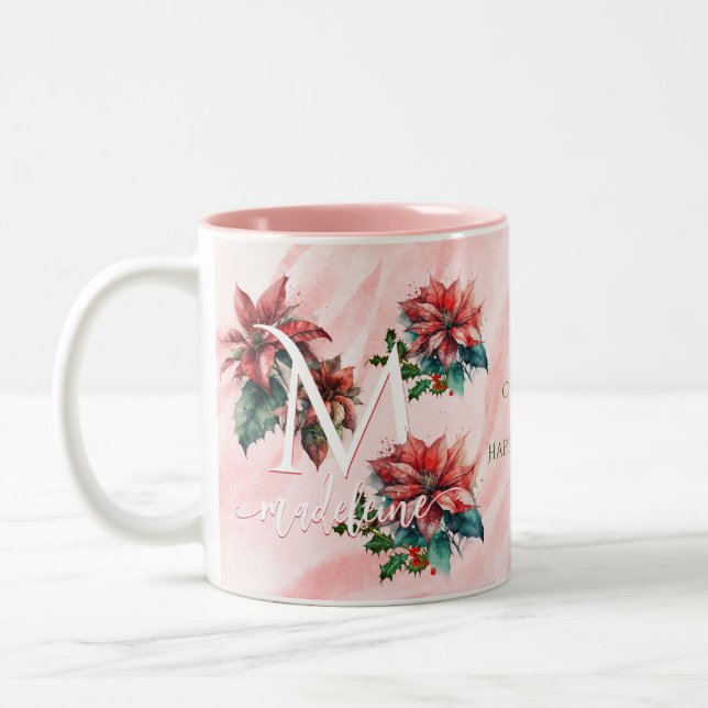 Tasse 2 Couleurs Aquarelle Rouge Poinsettia Mistletoe Nom Noël (Gauche)