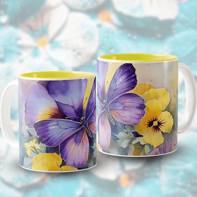 Tasse 2 Couleurs Aquarelle Springtime Purple Papillon en céramique  (Créateur téléchargé)