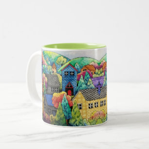 Tasse 2 Couleurs Aquarelle Village Sur La Colline Avec Maisons Colo