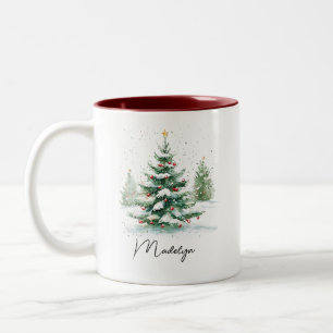 Tasse 2 Couleurs Arbre de Noël à l'aquarelle avec écriture simple R
