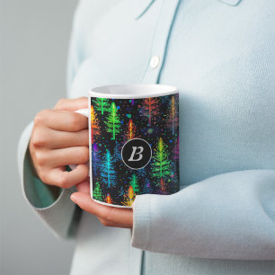 Tasse 2 Couleurs Arbre de Noël Coloré Brillant Dans une Forêt Sombr