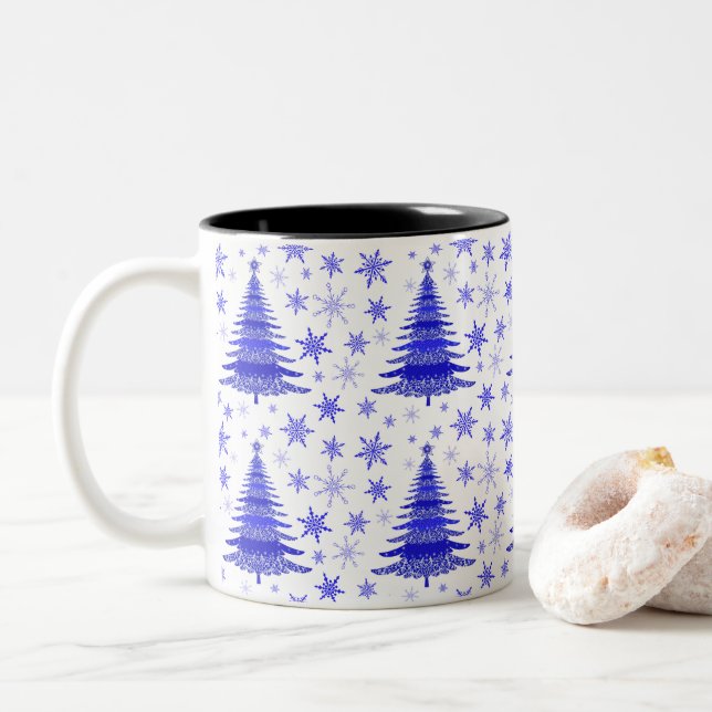 Tasse 2 Couleurs Arbre de Noël Design Motif bleu (Avec donut)