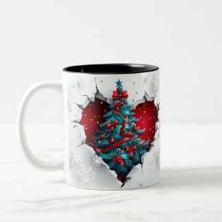 Tasse 2 Couleurs Arbre de Noël Vintage, Rouge/Turquoise - Poignée b